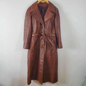 Vintage 70s Overa Leather Jacket Chocolate Brown Belted 80s Trench Coat Size 18